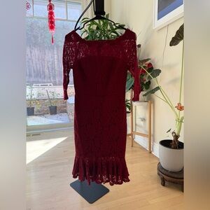 Vero Moda Burgundy Lace Midi Dress with Ruffle Hem